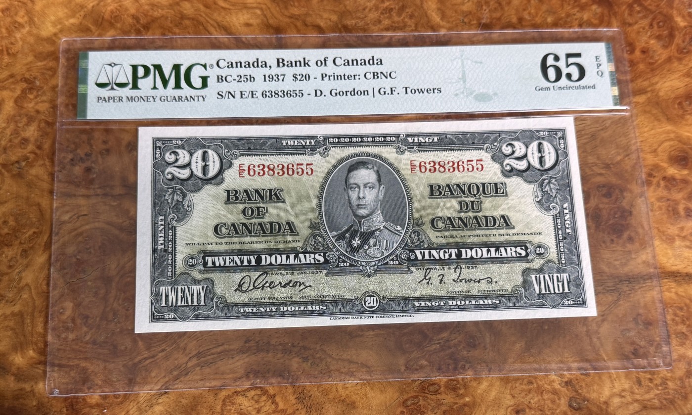 Chase Auction 第27期 - - 外钞、民国钞和人民币混合场！ 1937年加拿大20元，PMG65！