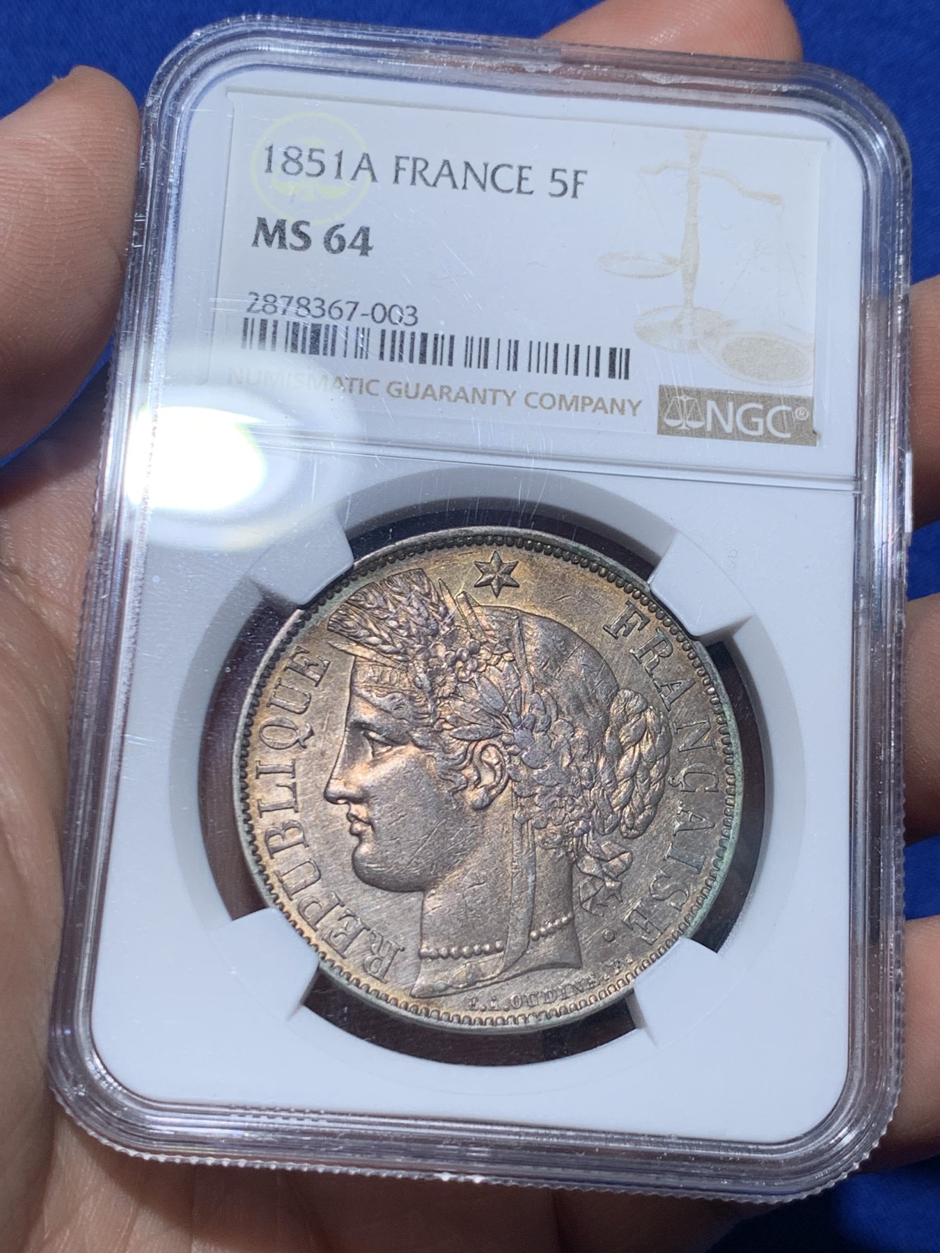 《竞宝斋》第257场-周日，周一 2场连拍 (全场包邮) NGC MS64 法国1851年谷物女神5法郎银币 包浆不错，高分谷物值得收藏