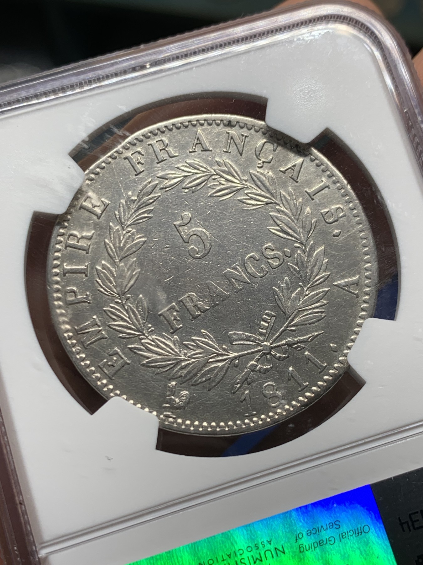 《竞宝斋》第257场-周日，周一 2场连拍 (全场包邮) NGC XFD 1811A法兰西第一帝国拿破仑5法郎大银币，拿破仑侵俄前夕铸造，精法必入品种，深打，状态不错