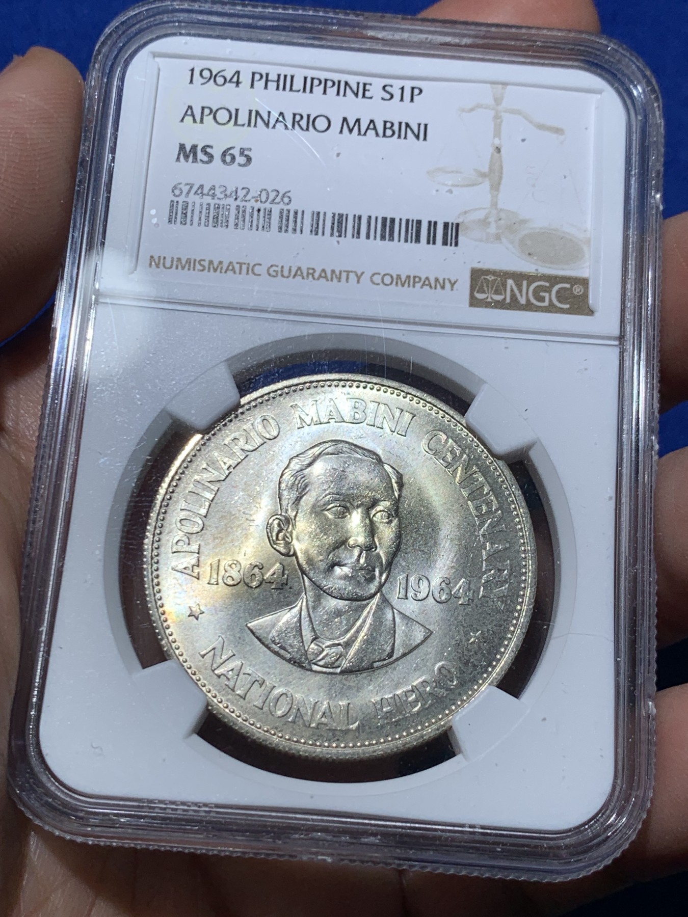 《竞宝斋》第257场-周日，周一 2场连拍 (全场包邮) NGC MS65 菲律宾1964年革命家马比尼百年诞辰1比索纪念银币 普制品种很难的高分 亚军分更高分只有6枚