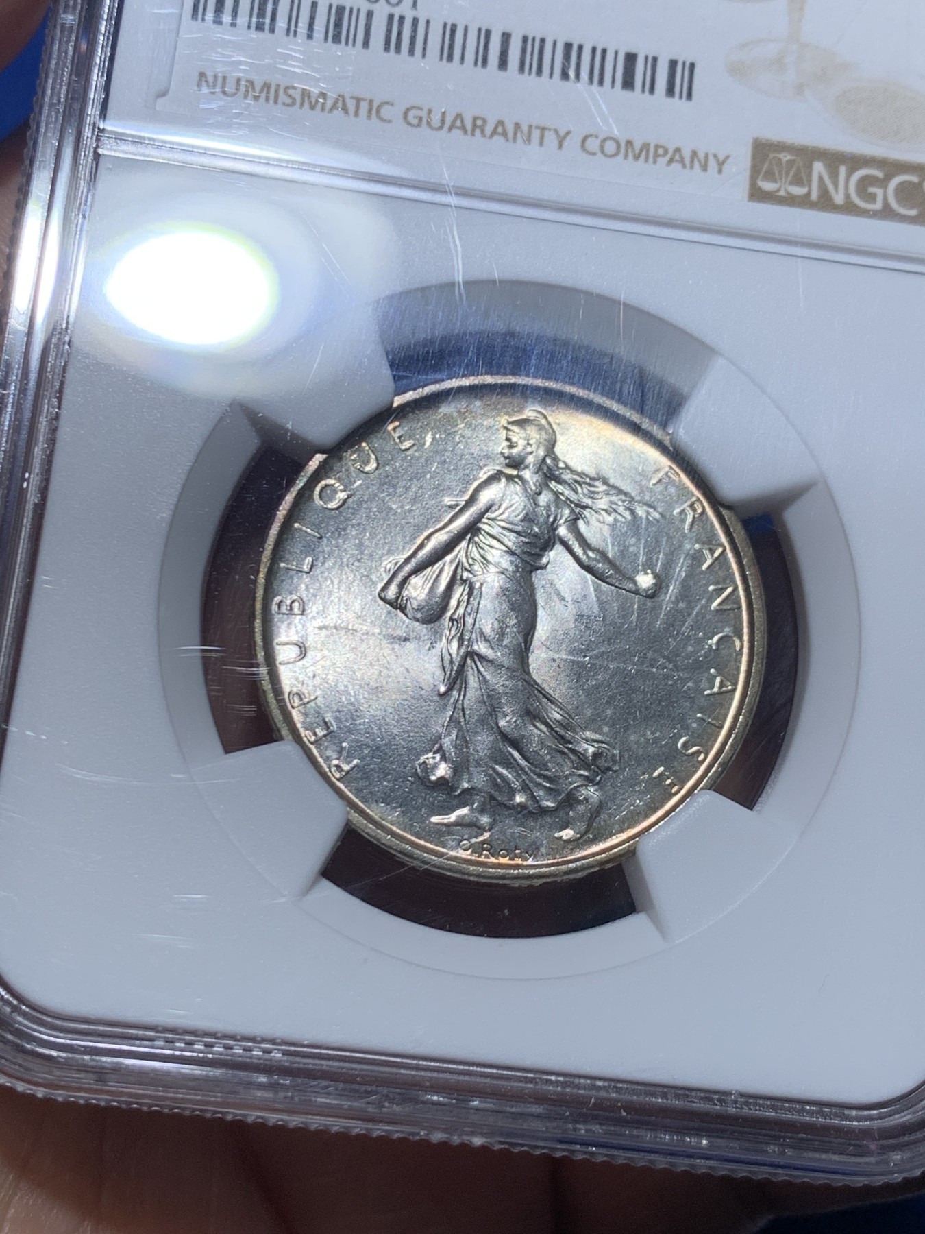 《竞宝斋》第257场-周日，周一 2场连拍 (全场包邮) NGC MS63 法国 1964年 播种女神 5法郎 银币 淡黄环彩