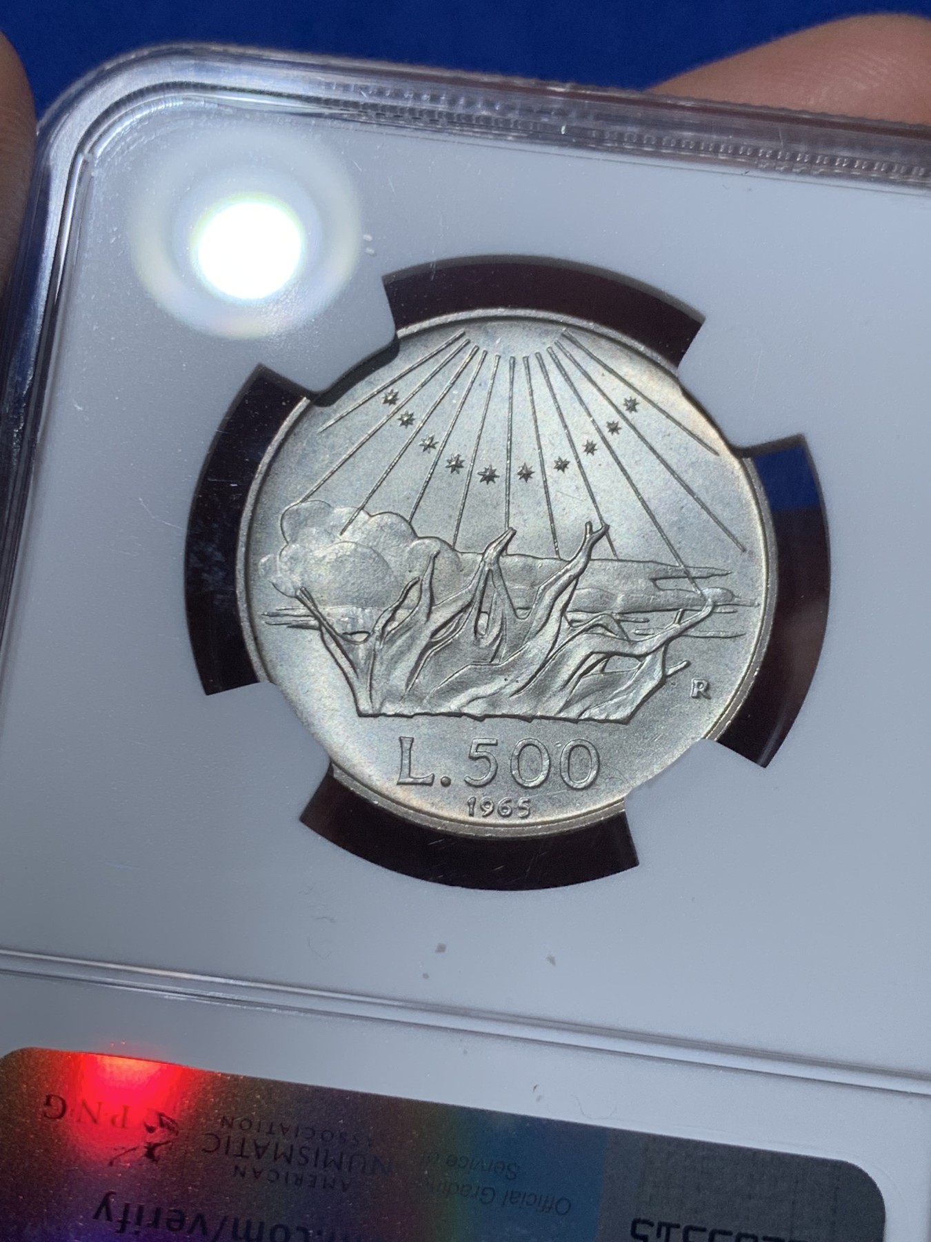 《竞宝斋》第257场-周日，周一 2场连拍 (全场包邮) NGC MS65 意大利1965年但丁500里拉银币 少见品