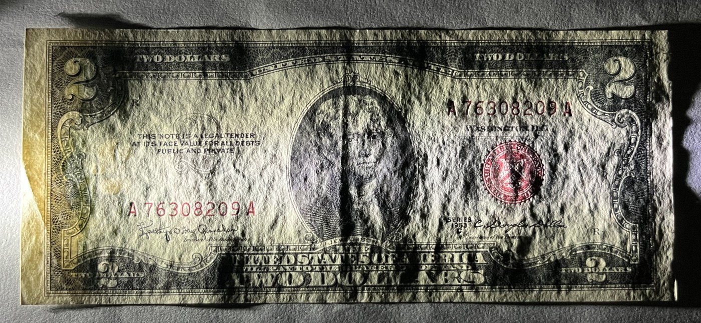 Chase Auction 第27期 - - 外钞、民国钞和人民币混合场！ 1953C版 2美元 政府券 United States Note 红色号码 AA冠首发 无4