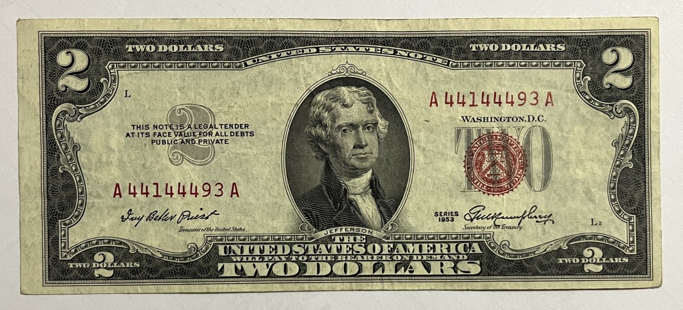 Chase Auction 第27期 - - 外钞、民国钞和人民币混合场！ 1953年正版 2美元 政府券 United States Note 红色号码 AA冠首发