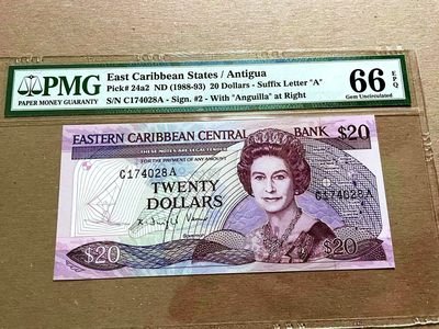 【Blue Auction】✨世界纸币精拍第460期【精】 东加勒比 1988-93年20元 小彩背 海岛风 女王 PMG66EPQ  安提瓜版