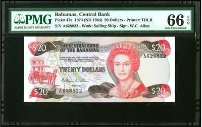 【Blue Auction】✨世界纸币精拍第460期【精】 【仅1张更高分 a版少见 目录价远高于b版 无47】巴哈马 1984年20元 女王 背面港口精美 黑红色套印显品质 PMG66EPQ 老壳 