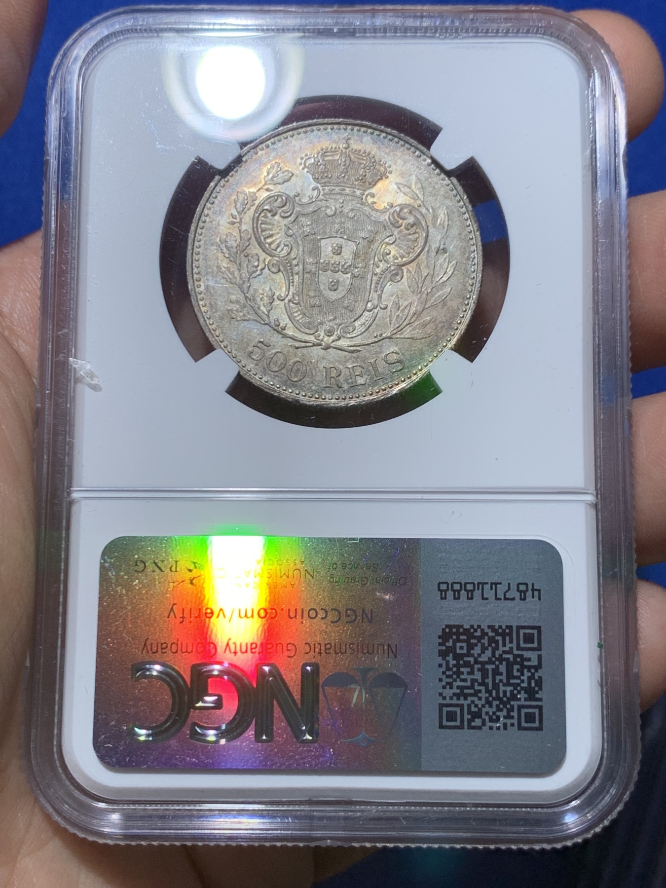 《竞宝斋》第257场-周日，周一 2场连拍 (全场包邮) NGC MS62 葡萄牙1908曼努埃尔二世500R银币，五彩包浆