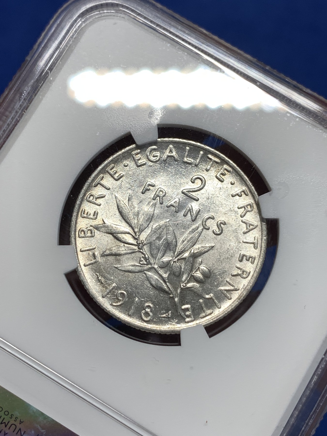 《竞宝斋》第257场-周日，周一 2场连拍 (全场包邮) NGC MS61 法国1918年播种女神2法郎银币