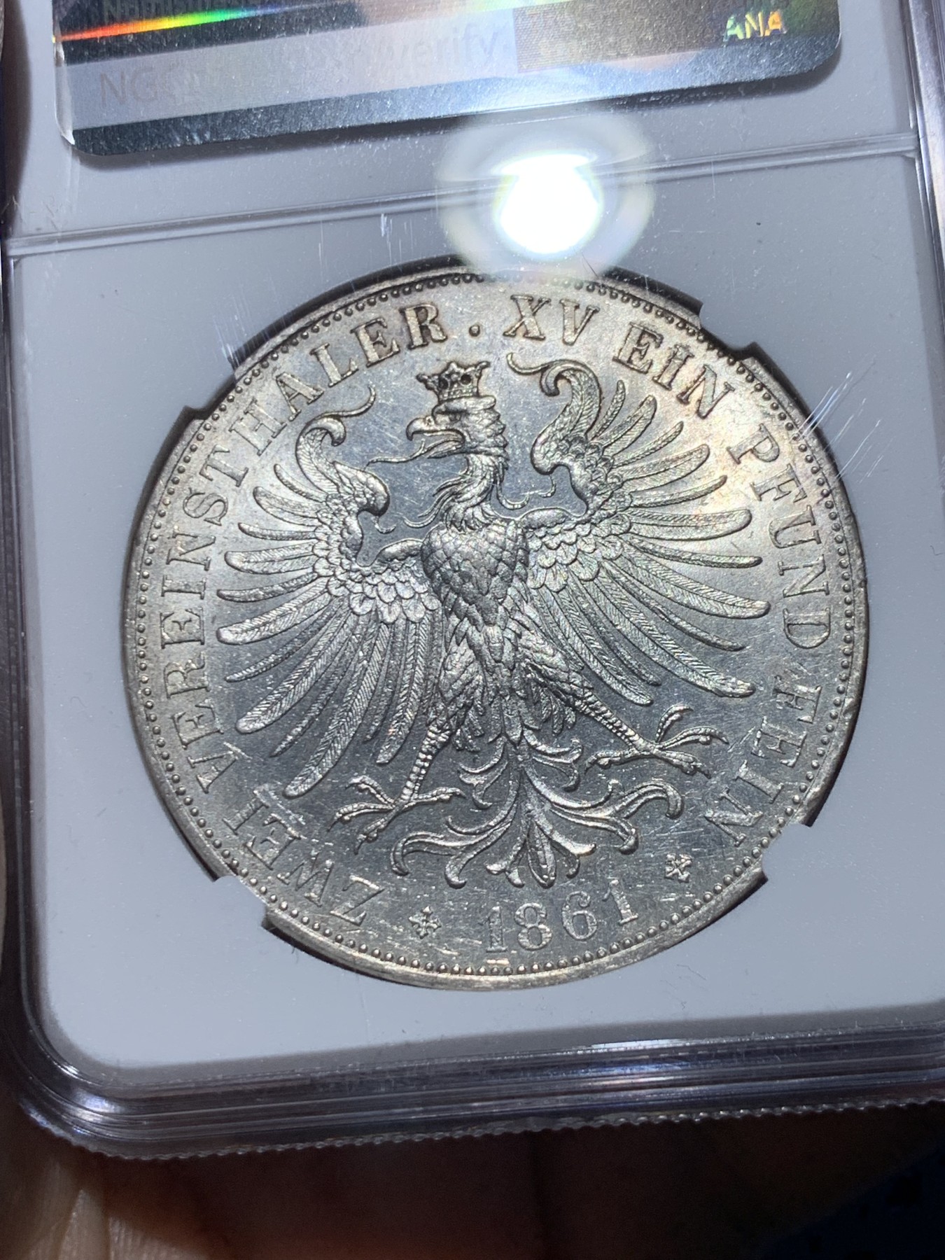 《竞宝斋》第257场-周日，周一 2场连拍 (全场包邮) NGC UNC 德国法兰克福 1861年 少女 2泰勒 银币 37克的大银币 价格明显上涨的热门品种