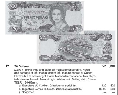 【Blue Auction】✨世界纸币精拍第460期【精】 【仅1张更高分 a版少见 目录价远高于b版 无47】巴哈马 1984年20元 女王 背面港口精美 黑红色套印显品质 PMG66EPQ 老壳 