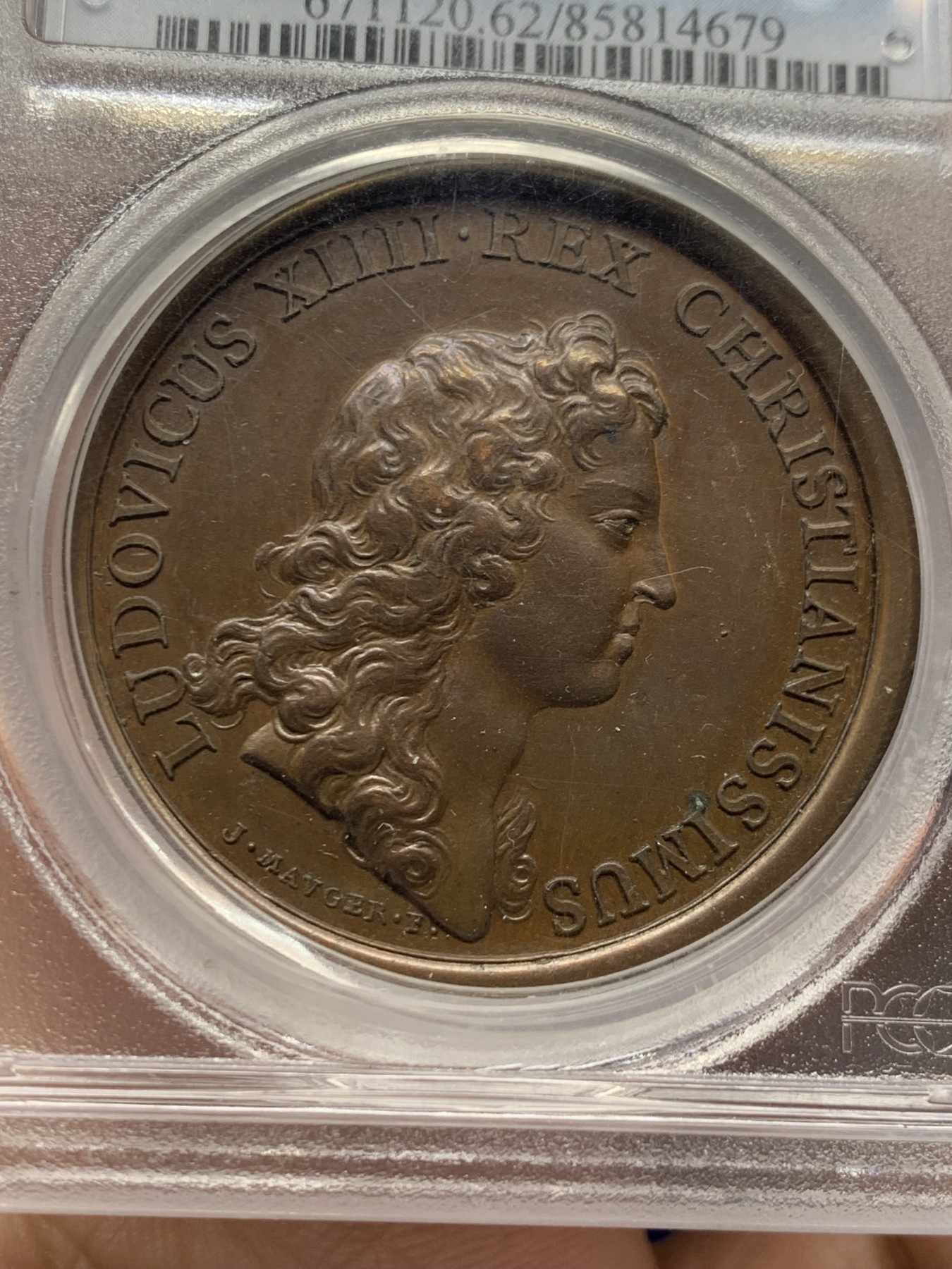 《竞宝斋》第257场-周日，周一 2场连拍 (全场包邮) PCGS MS62BN 法国路易十四铜章 青年版头像 状态不错 相当少见 pcgs唯一评级记录 加厚盒装