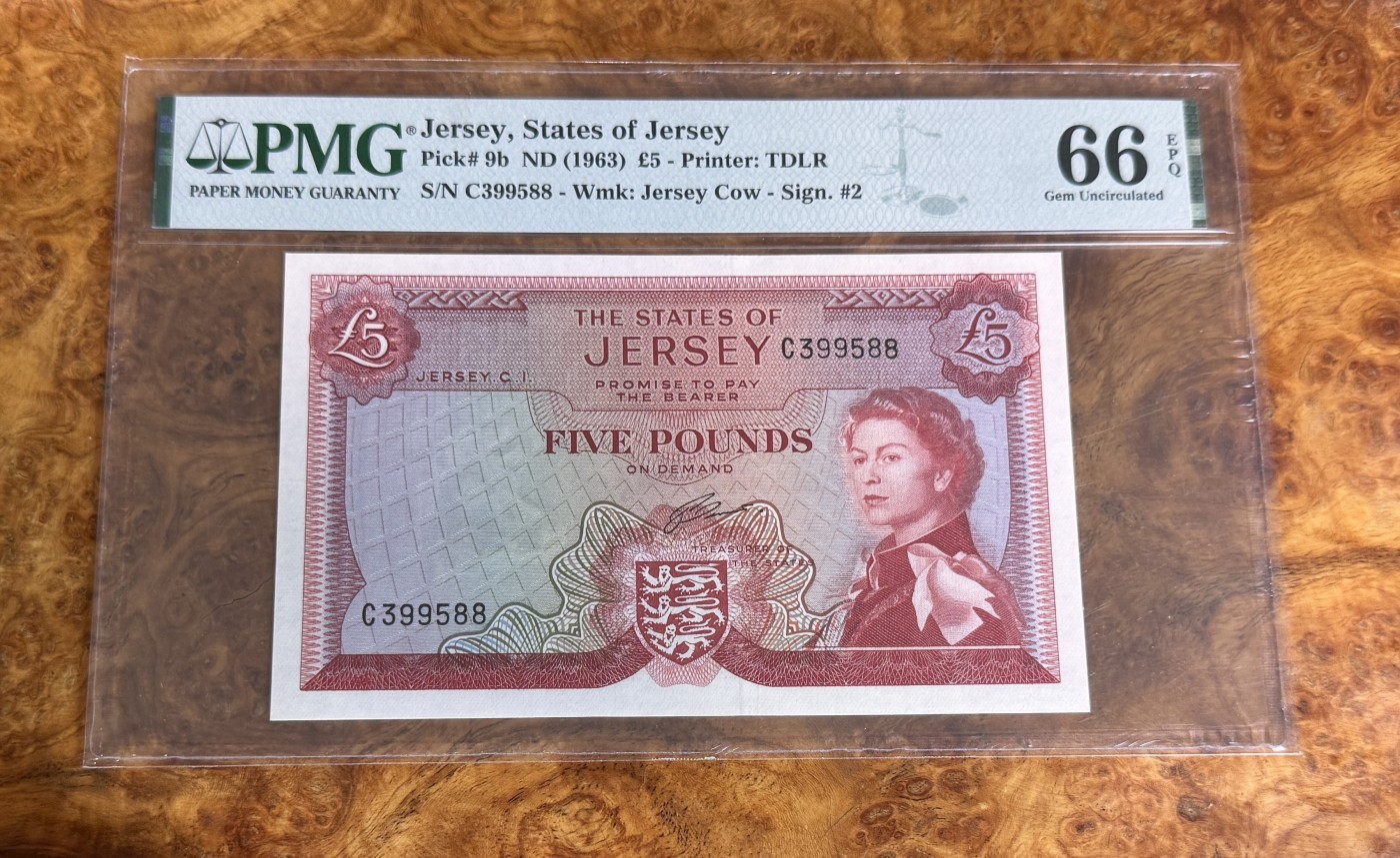Chase Auction 第27期 - - 外钞、民国钞和人民币混合场！ 1963年泽西5元，PMG66！
