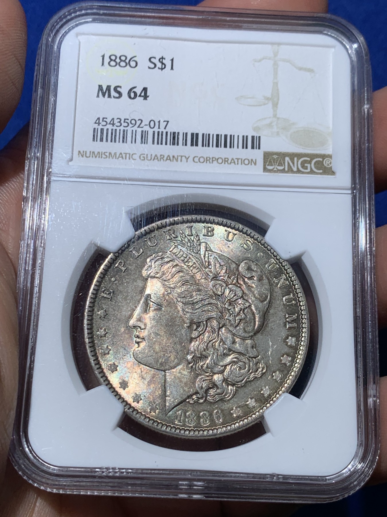 《竞宝斋》第257场-周日，周一 2场连拍 (全场包邮) NGC MS64 美国1886年摩根银币，双面五彩老包浆，转光明显，状态和品质秒杀绝大部分MS64。