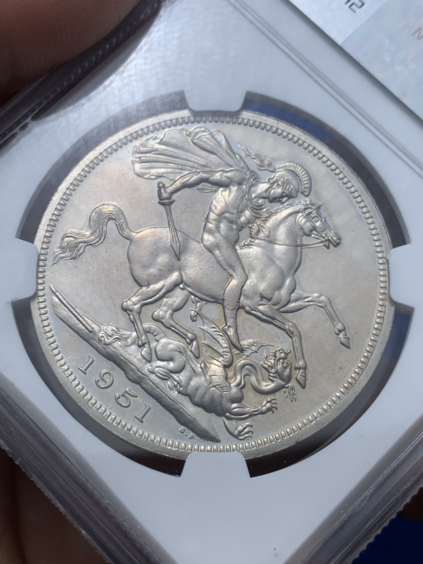 《竞宝斋》第257场-周日，周一 2场连拍 (全场包邮) NGC PL64 英国1951年乔治六世克朗 最后的镍马剑 镜面漂亮