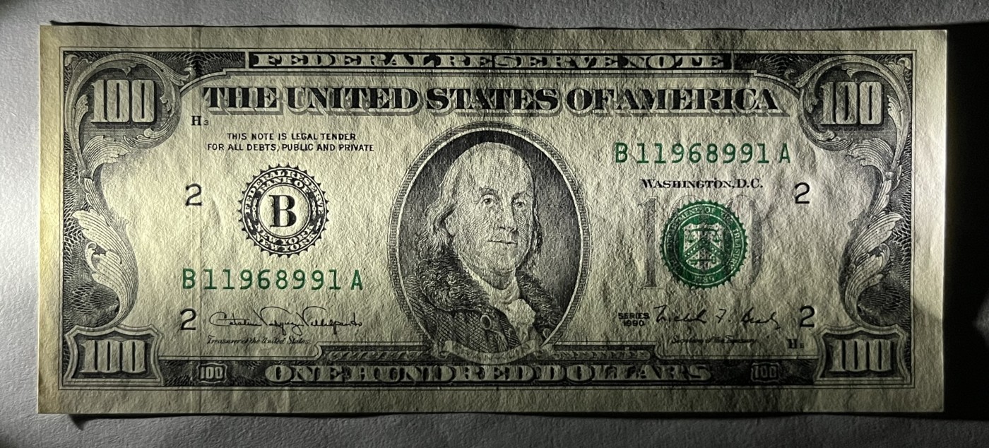 Chase Auction 第27期 - - 外钞、民国钞和人民币混合场！ 1990年正版 100美元 联邦储备券 B区首发A冠 倒置号码