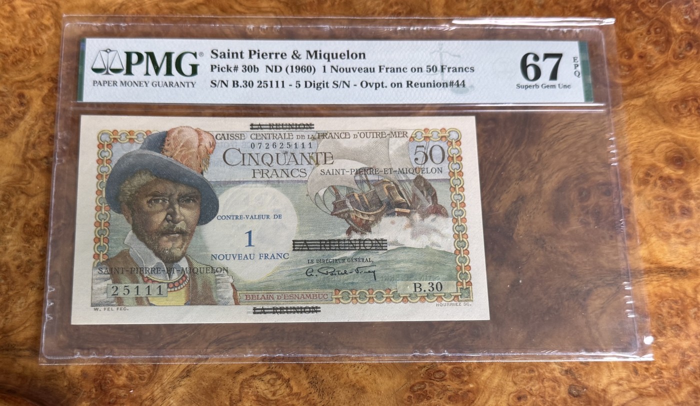 Chase Auction 第27期 - - 外钞、民国钞和人民币混合场！ 1960年圣皮埃尔和密克隆1法郎，PMG67，豹子号！