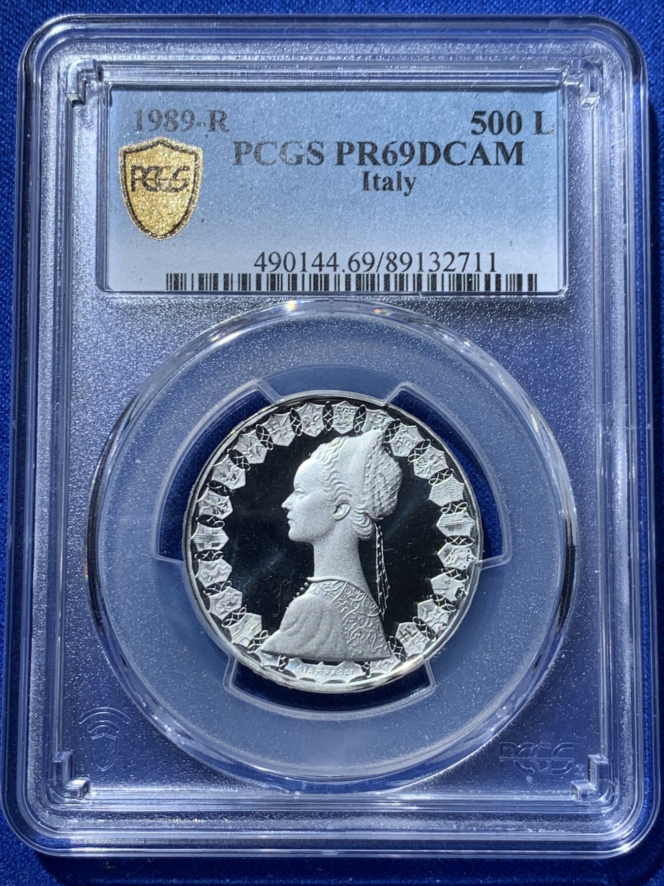 《竞宝斋》第257场-周日，周一 2场连拍 (全场包邮) PCGS PR69DCAM 意大利1989年罗马造币厂500里拉帆船女神银币 69分凝霜明显潜力巨大
