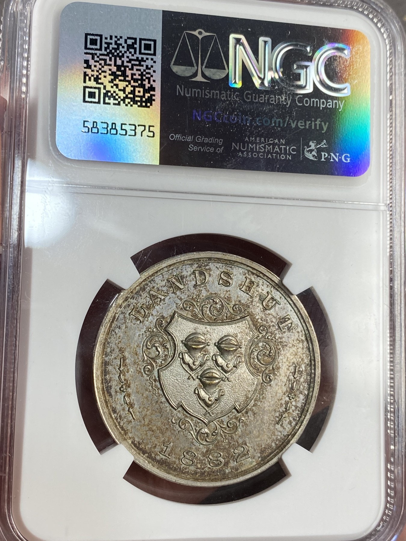 万国钱币拍卖第023期（金辉银韵之夜） NGC MS62 1882年德国农业家禽表彰纪念镀银铜章 背面为家族盾徽