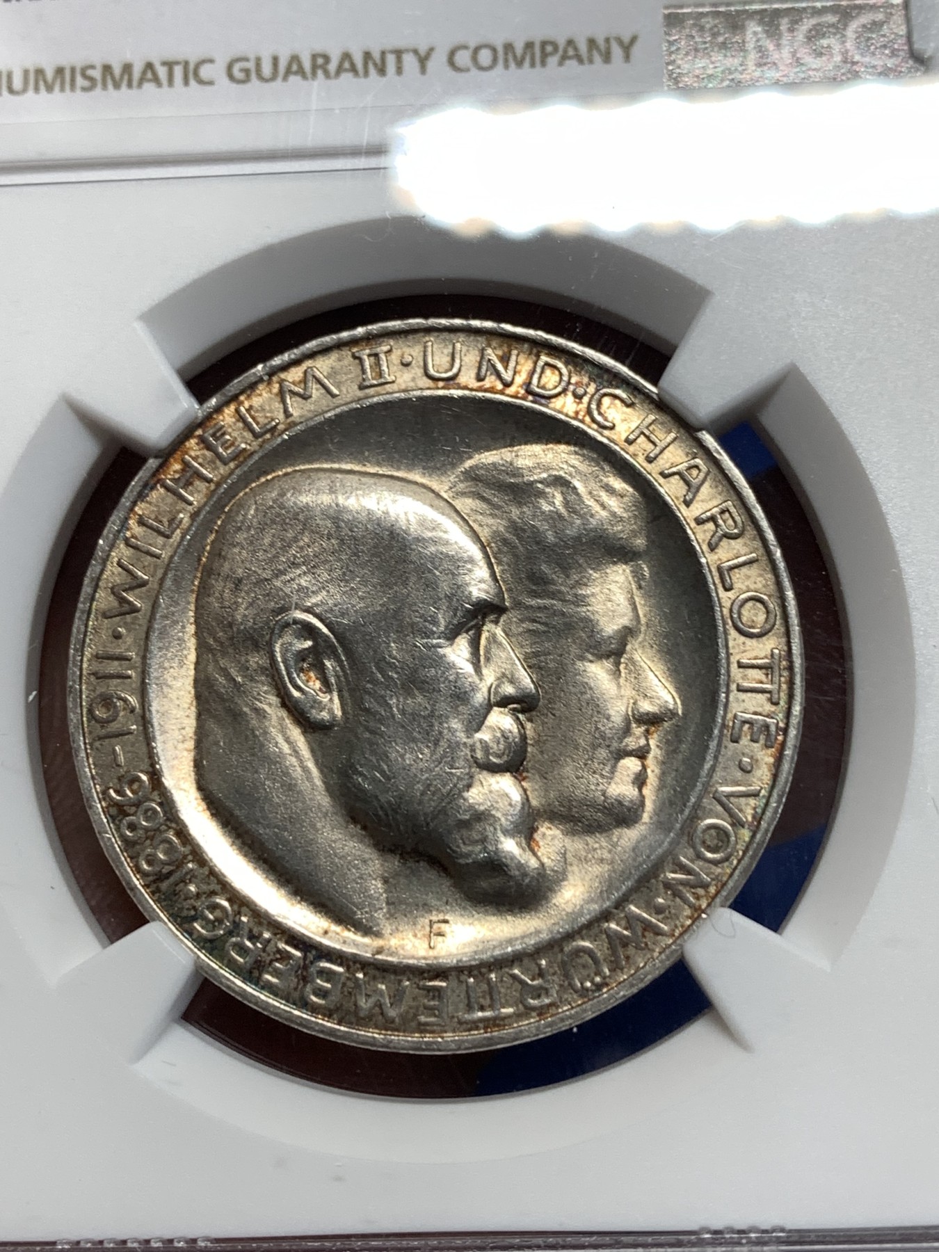 《竞宝斋》第257场-周日，周一 2场连拍 (全场包邮) NGC MS64 德国1911年符腾堡婚礼3马克银币