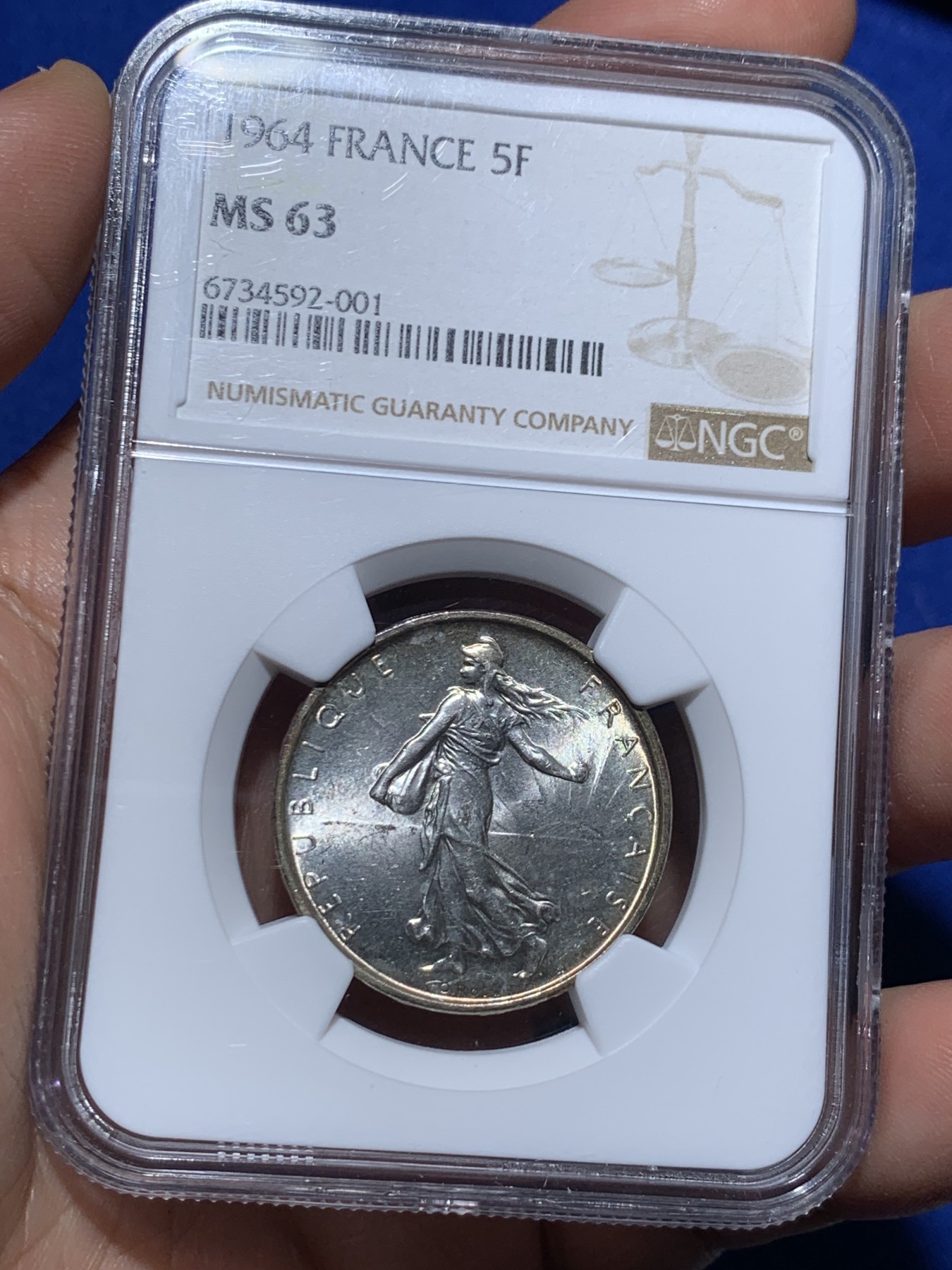 《竞宝斋》第257场-周日，周一 2场连拍 (全场包邮) NGC MS63 法国 1964年 播种女神 5法郎 银币 淡黄环彩