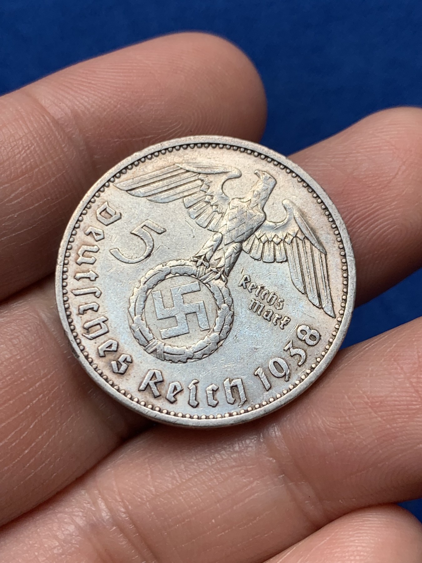 《竞宝斋》第257场-周日，周一 2场连拍 (全场包邮) 德国 1938年 兴登堡 5马克 银币 细节不错