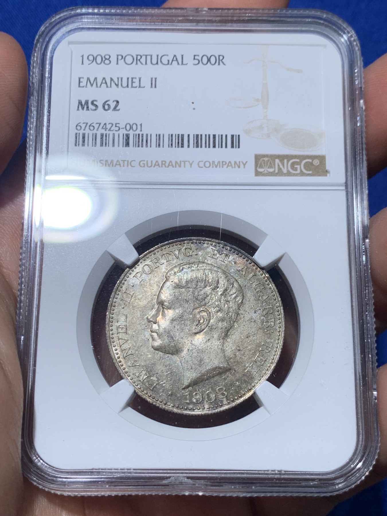 《竞宝斋》第257场-周日，周一 2场连拍 (全场包邮) NGC MS62 葡萄牙1908曼努埃尔二世500R银币，五彩包浆