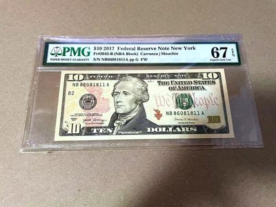 【Blue Auction】✨世界纸币精拍第460期【精】 【倒置号】美国 2017年10美金 PMG67EPQ 高分