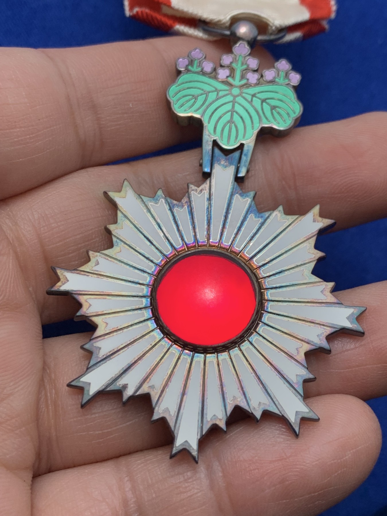 《竞宝斋》第257场-周日，周一 2场连拍 (全场包邮) 原盒全套 日本勋六等单光旭日章 银质 红色旭日和紫绿桐花完整为经典七宝烧 红白绶带 略章齐全 木质原盒刻字清晰