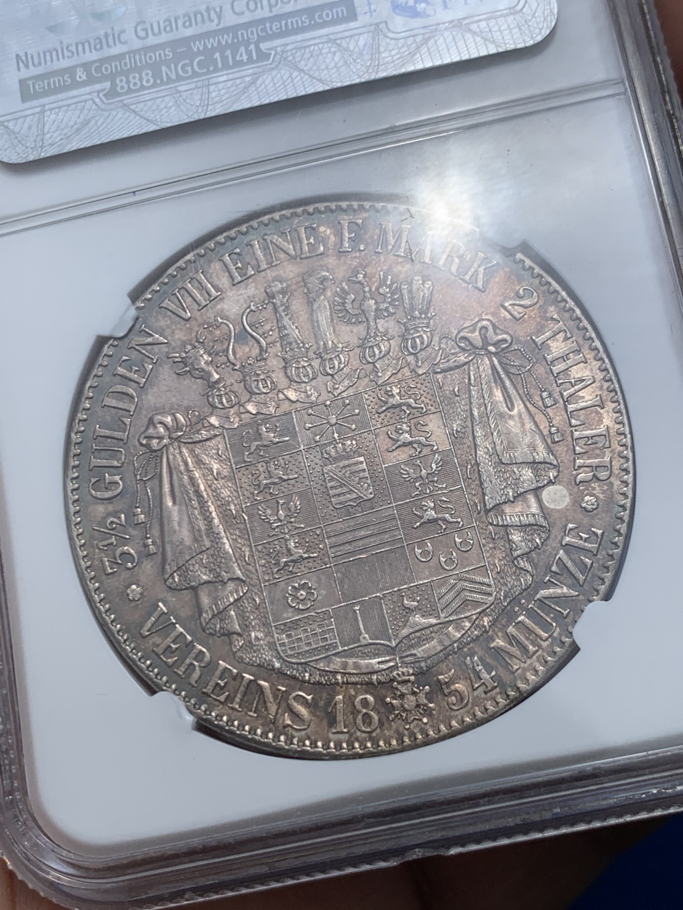 《竞宝斋》第257场-周日，周一 2场连拍 (全场包邮) NGC AU58 德国 萨克森 梅宁根 1854年 2泰勒 发行时间仅2年 此年份发行量仅14000枚 37克规格的窗帘大银币 五彩包浆，状态非常难得