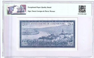 【Blue Auction】✨世界纸币精拍第460期【精】 卢森堡 1955年20法郎 TQG66EPQ 女大公 背面风景唯美