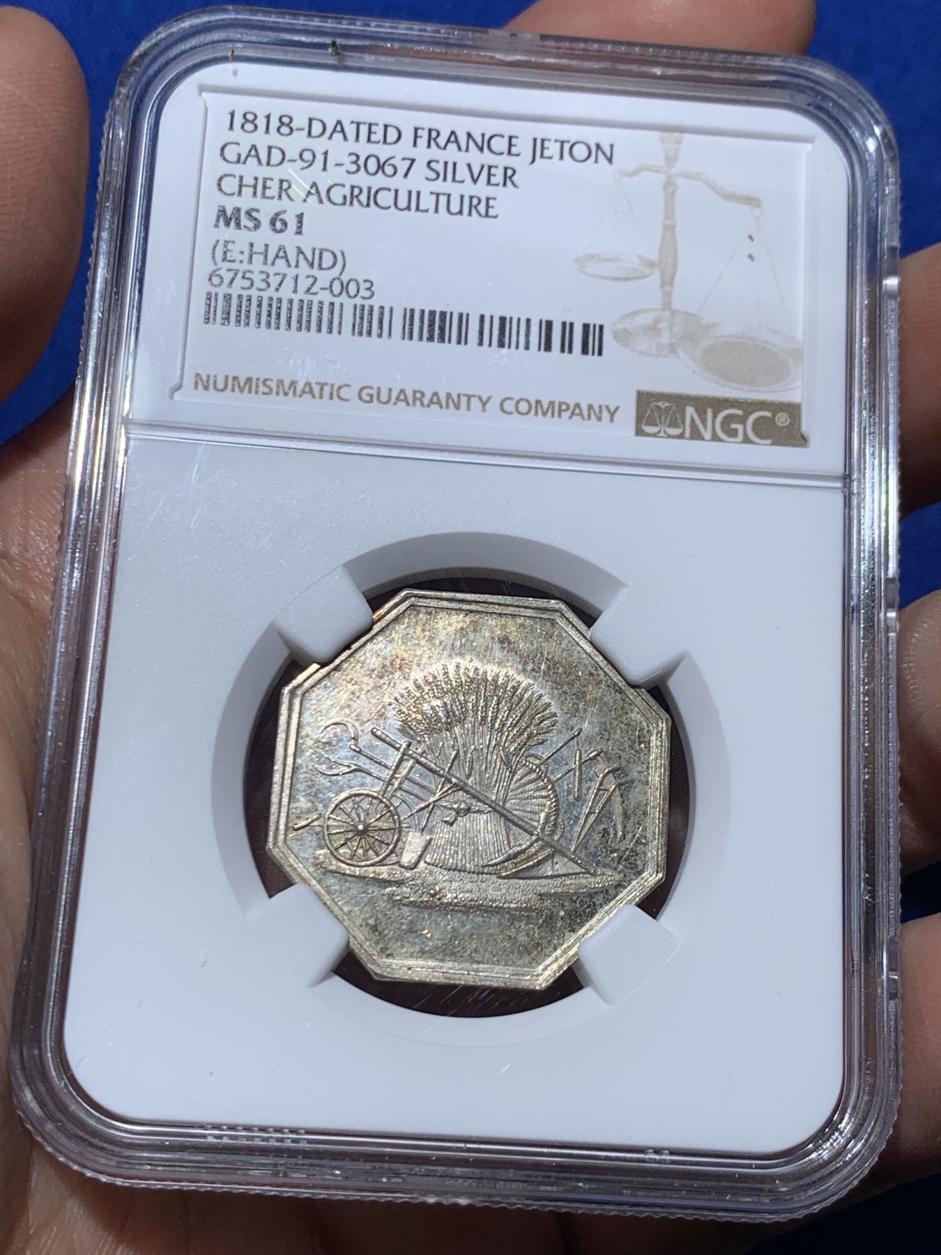 《竞宝斋》第257场-周日，周一 2场连拍 (全场包邮) NGC MS61 法国1818农业题材八角银质代币 这款手指边铭的比较少见