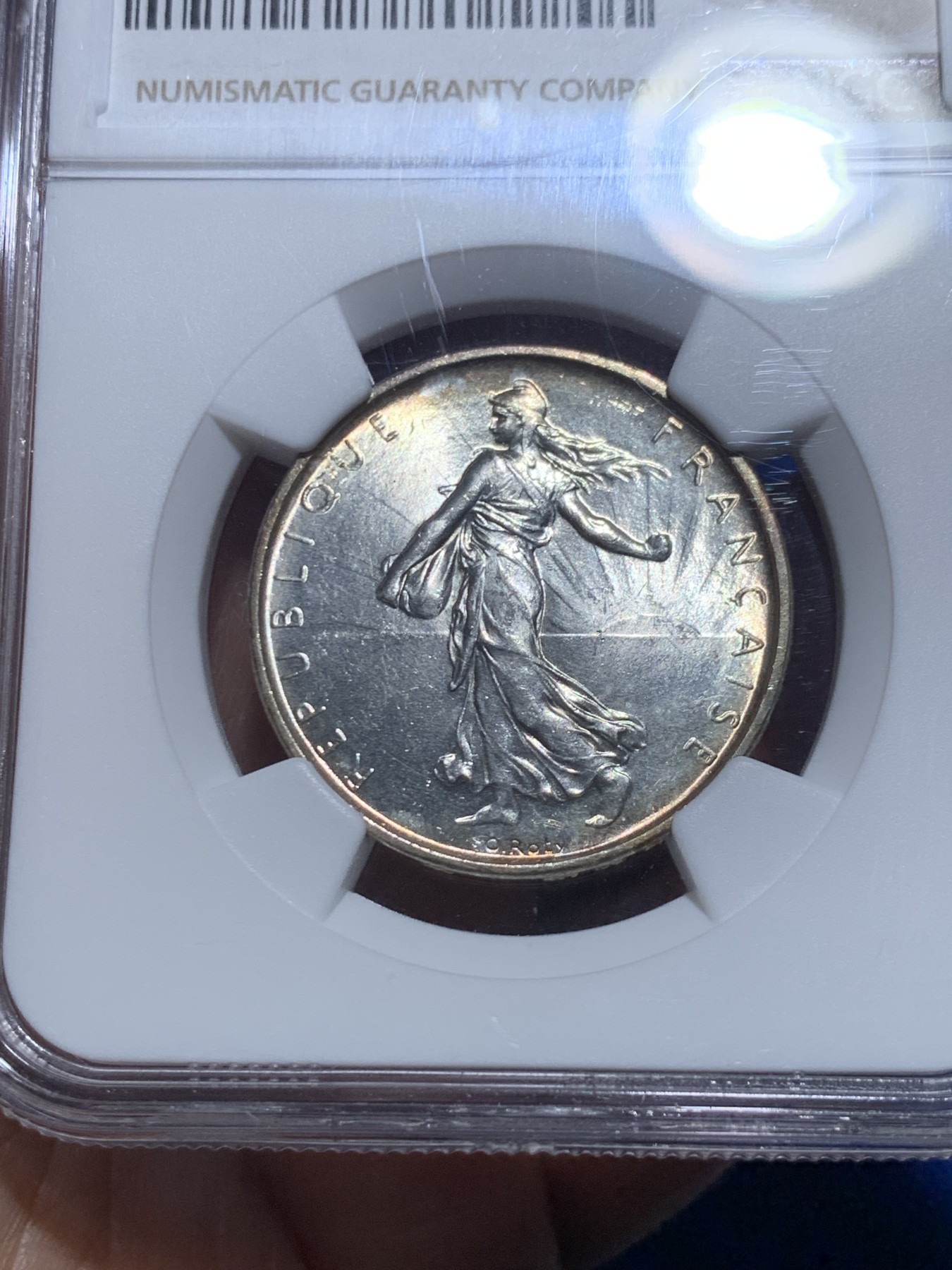 《竞宝斋》第257场-周日，周一 2场连拍 (全场包邮) NGC MS63 法国 1964年 播种女神 5法郎 银币 淡黄环彩