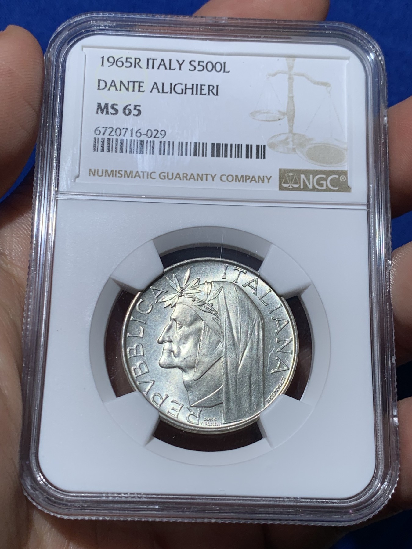《竞宝斋》第257场-周日，周一 2场连拍 (全场包邮) NGC MS65 意大利1965年但丁500里拉银币 少见品