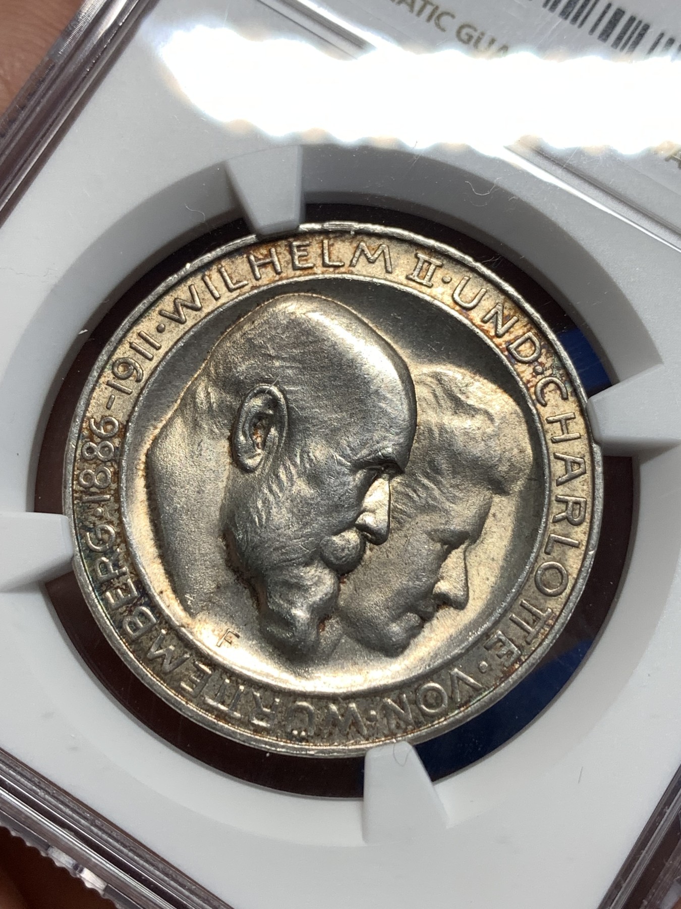 《竞宝斋》第257场-周日，周一 2场连拍 (全场包邮) NGC MS64 德国1911年符腾堡婚礼3马克银币