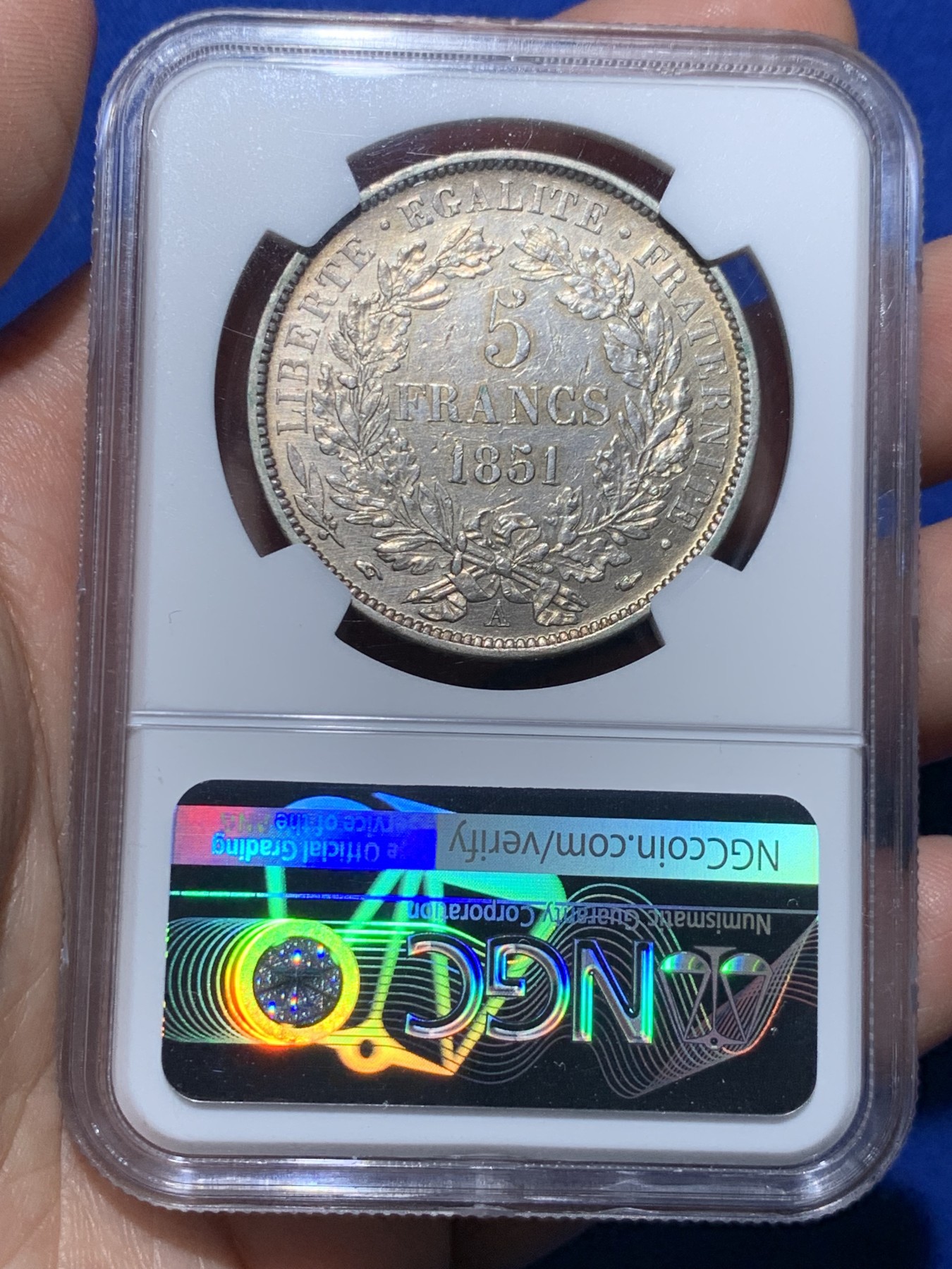 《竞宝斋》第257场-周日，周一 2场连拍 (全场包邮) NGC MS64 法国1851年谷物女神5法郎银币 包浆不错，高分谷物值得收藏