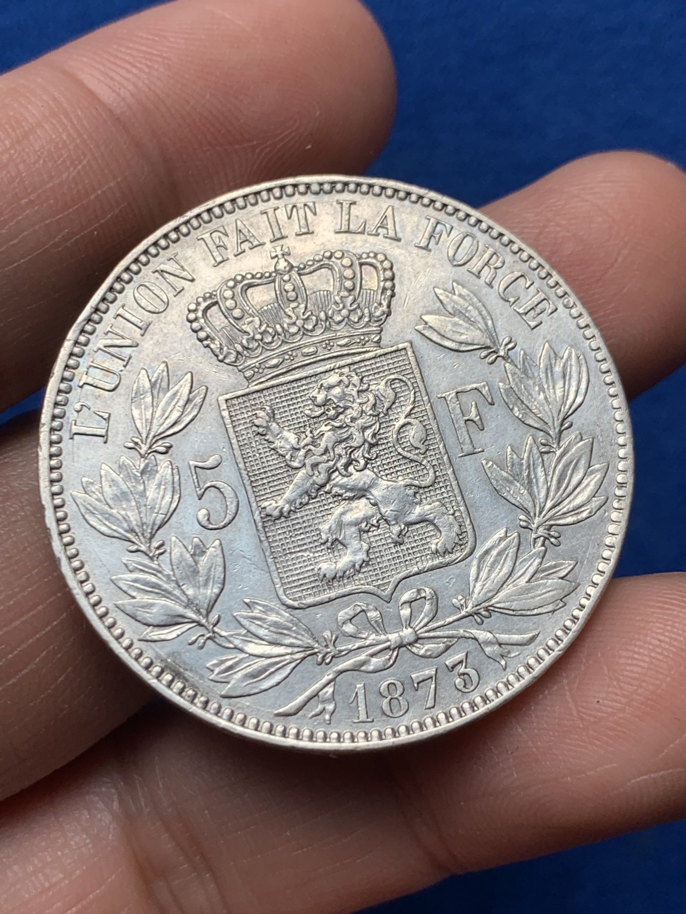 《竞宝斋》第257场-周日，周一 2场连拍 (全场包邮) 比利时1873年5法郎银币  细节不错