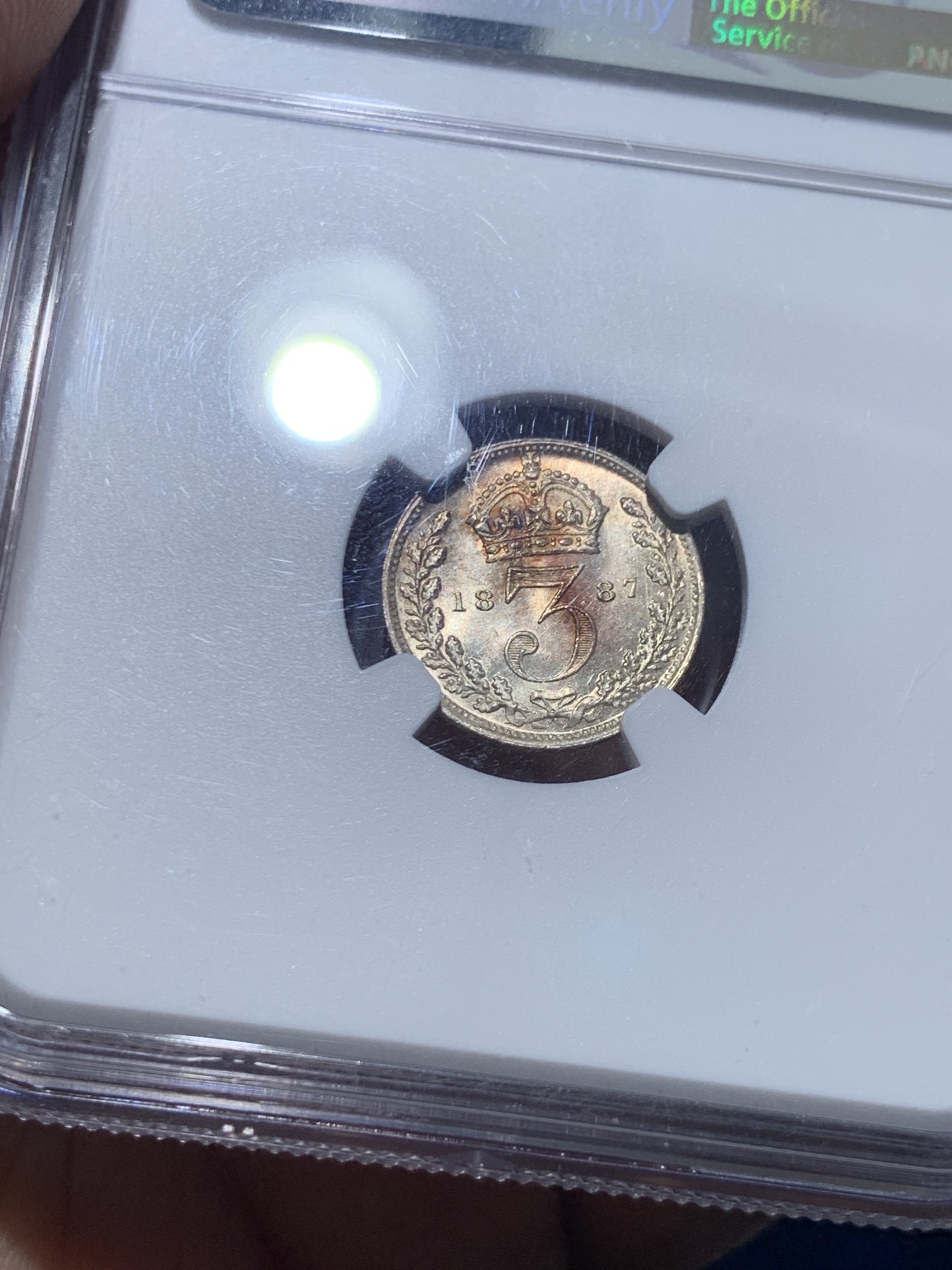 《竞宝斋》第257场-周日，周一 2场连拍 (全场包邮) NGC MS64 英国 1887年 维多利亚 3便士 银币 好彩