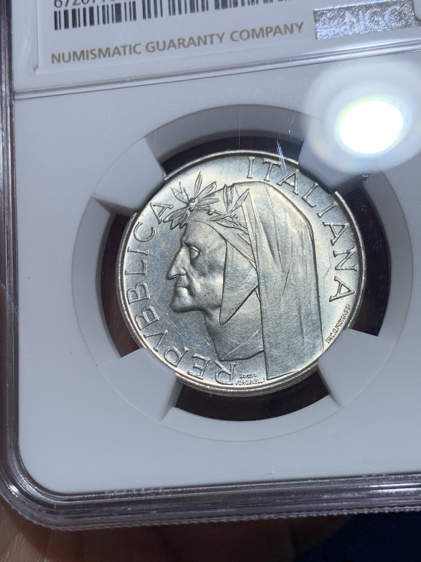 《竞宝斋》第257场-周日，周一 2场连拍 (全场包邮) NGC MS65 意大利1965年但丁500里拉银币 少见品