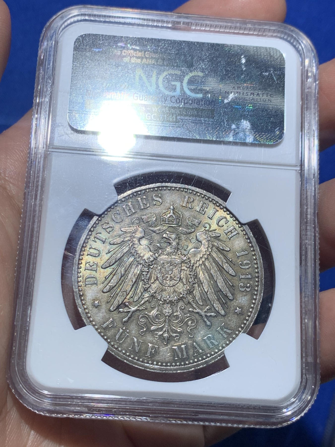 《竞宝斋》第257场-周日，周一 2场连拍 (全场包邮) NGC MS63 德国1913年汉堡5马克 油画彩青金包浆 实物状态顶级 上手惊喜