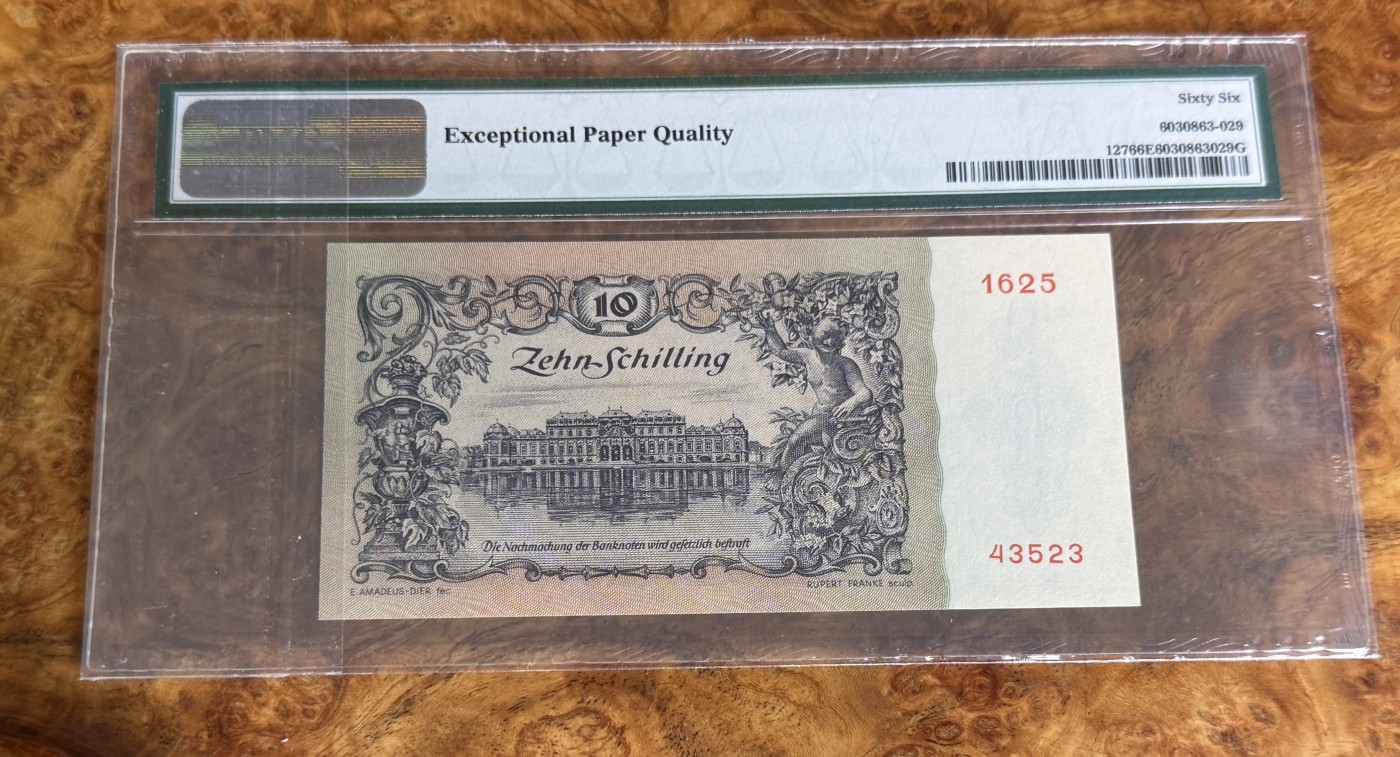 Chase Auction 第27期 - - 外钞、民国钞和人民币混合场！ 1950年奥地利10先令，PMG66！