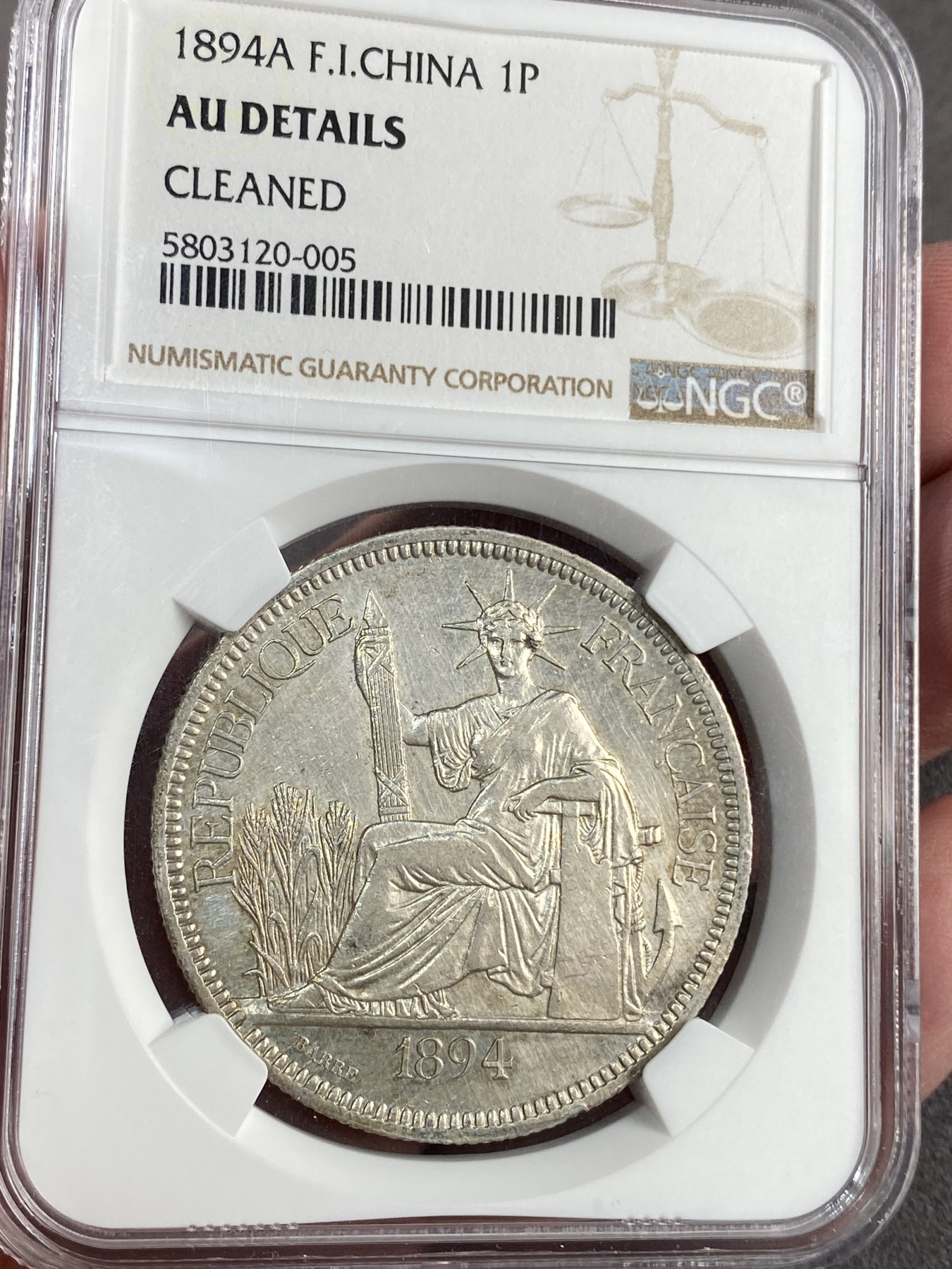 万国钱币拍卖第023期（金辉银韵之夜） NGC AUD 1894年法属印支1皮阿斯特坐洋 带光加重版
