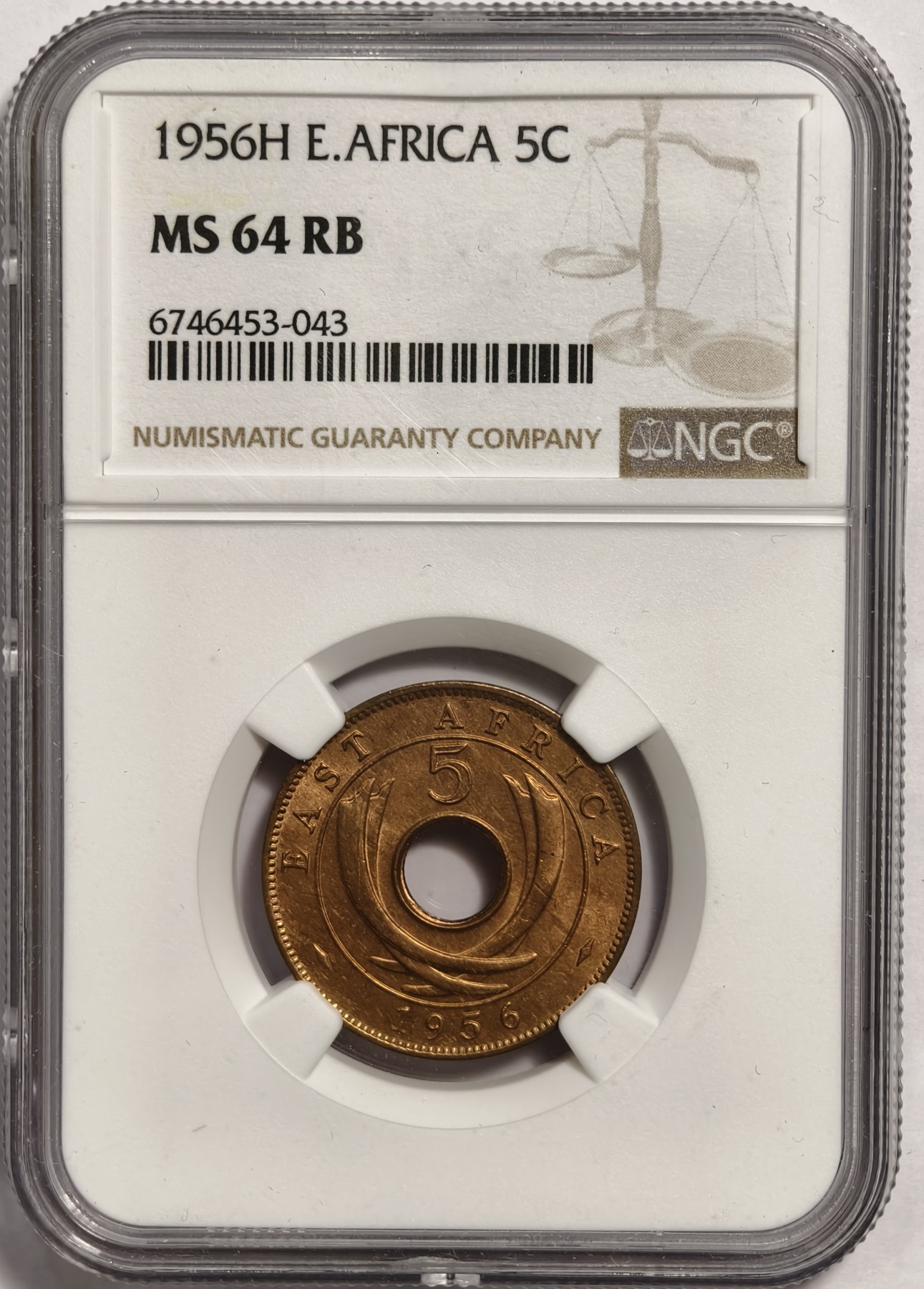 紫瑗钱币——第350期拍卖 英属东非 1956年 H版 伊丽莎白二世 5分 铜币 NGC MS64 RB