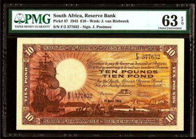 【Blue Auction】✨世界纸币精拍第461期【精】 - 南非 早期 1943年10镑 大场景设计非常漂亮 少见品种 PMG63EPQ 全新原票 