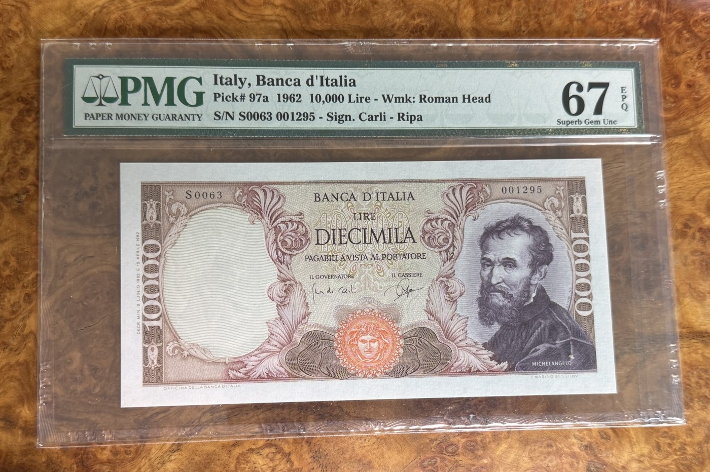 Chase Auction 第27期 - - 外钞、民国钞和人民币混合场！ 1962年意大利10000里拉，米开朗基罗，PMG67，初版！