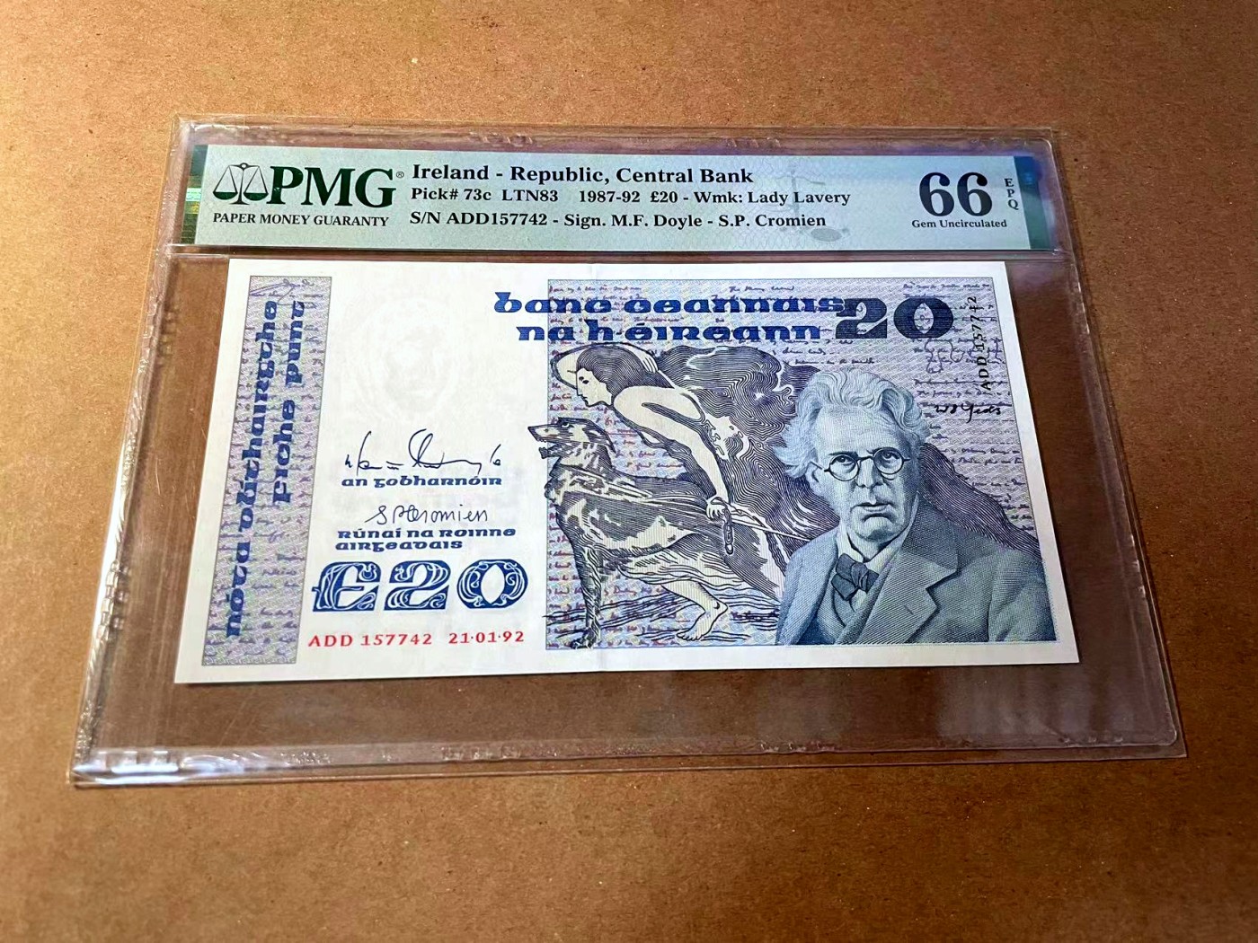【Blue Auction】✨世界纸币精拍第461期【精】 爱尔兰 1992年20镑 PMG66EPQ  叶芝