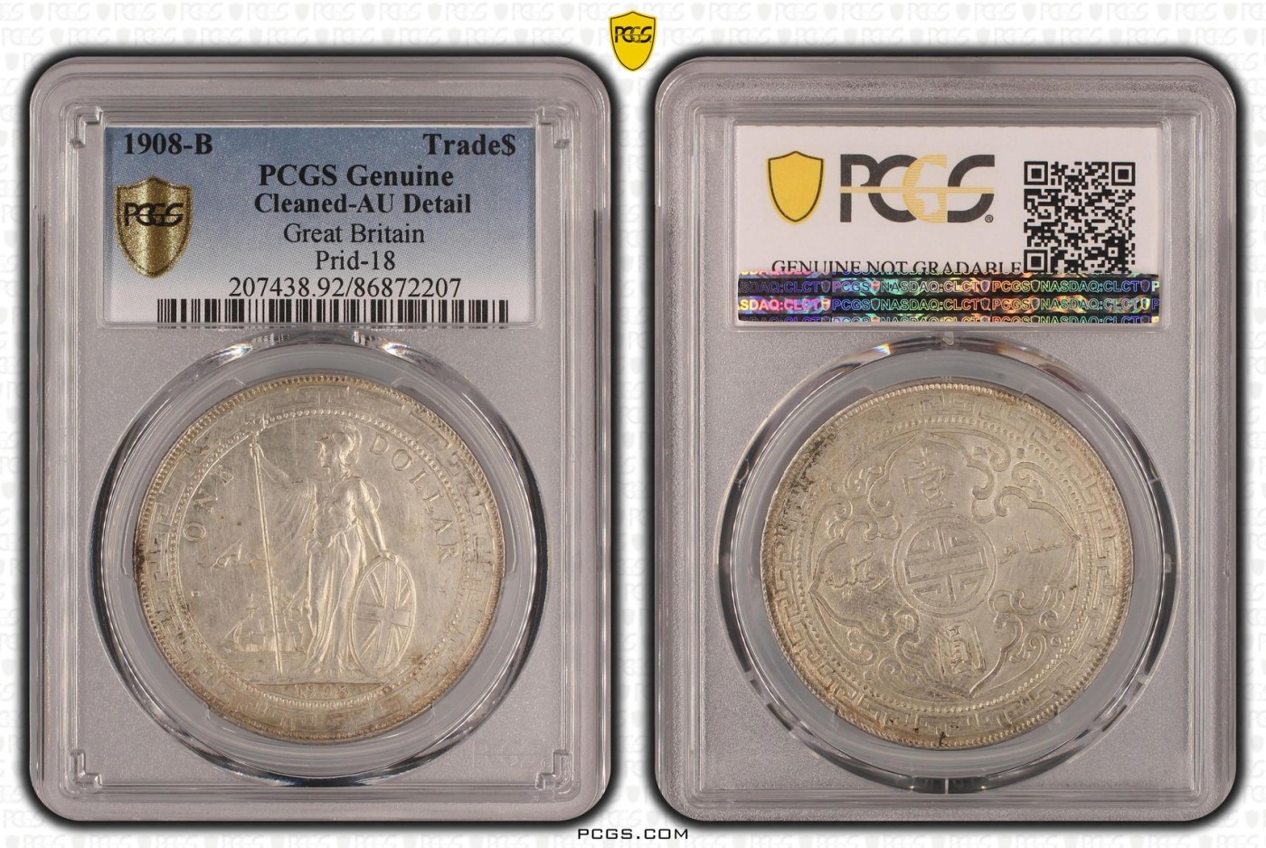 收藏联盟Quantum Auction 第337期拍卖  英属贸易1908年1元站洋 PCGS AU DETAIL