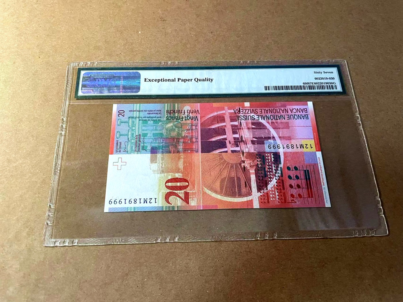 【Blue Auction】✨世界纸币精拍第461期【精】 【999豹子号 倒置号】瑞士 2012年20法郎 PMG67EPQ 高分