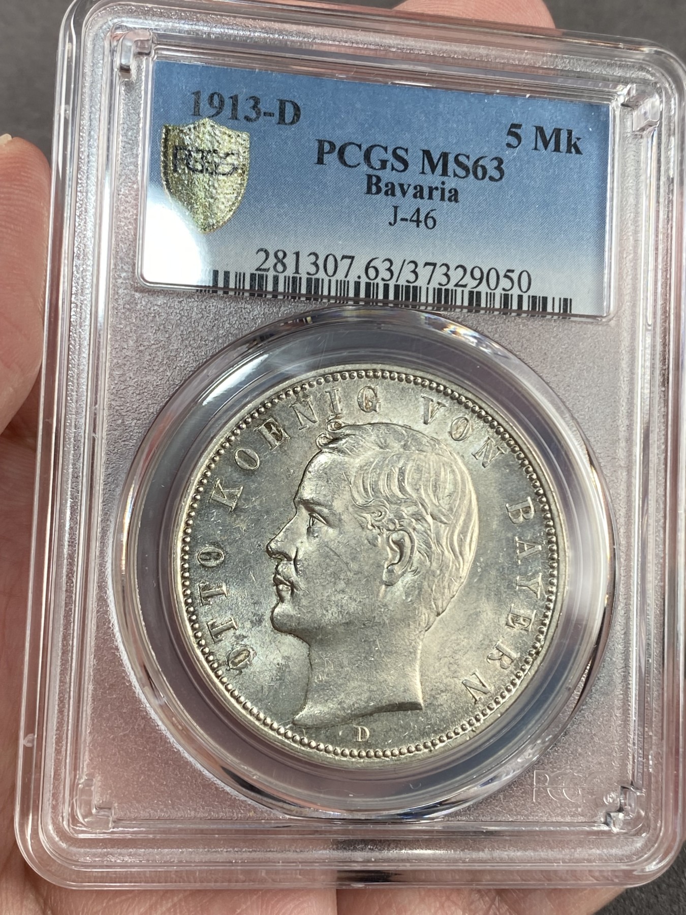 万国钱币拍卖第023期（金辉银韵之夜） PCGS MS63 1913年德国巴伐利亚疯王奥拓流通5马克 流通充分品种 BU状态非常诱人