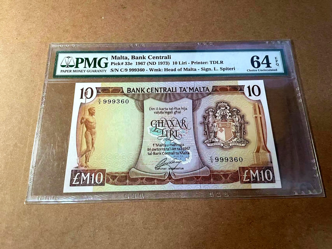 【Blue Auction】✨世界纸币精拍第461期【精】 【无47】马耳他 1967年10里拉 PMG64EPQ 经典彩背