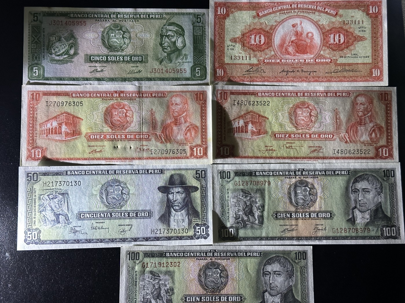 《外钞收藏家》第三百五十六期（美洲纸币专场） 秘鲁早期纸币5/10/10/10/50/100/100各种面值，7枚不同 全新 个别有黄潮癍